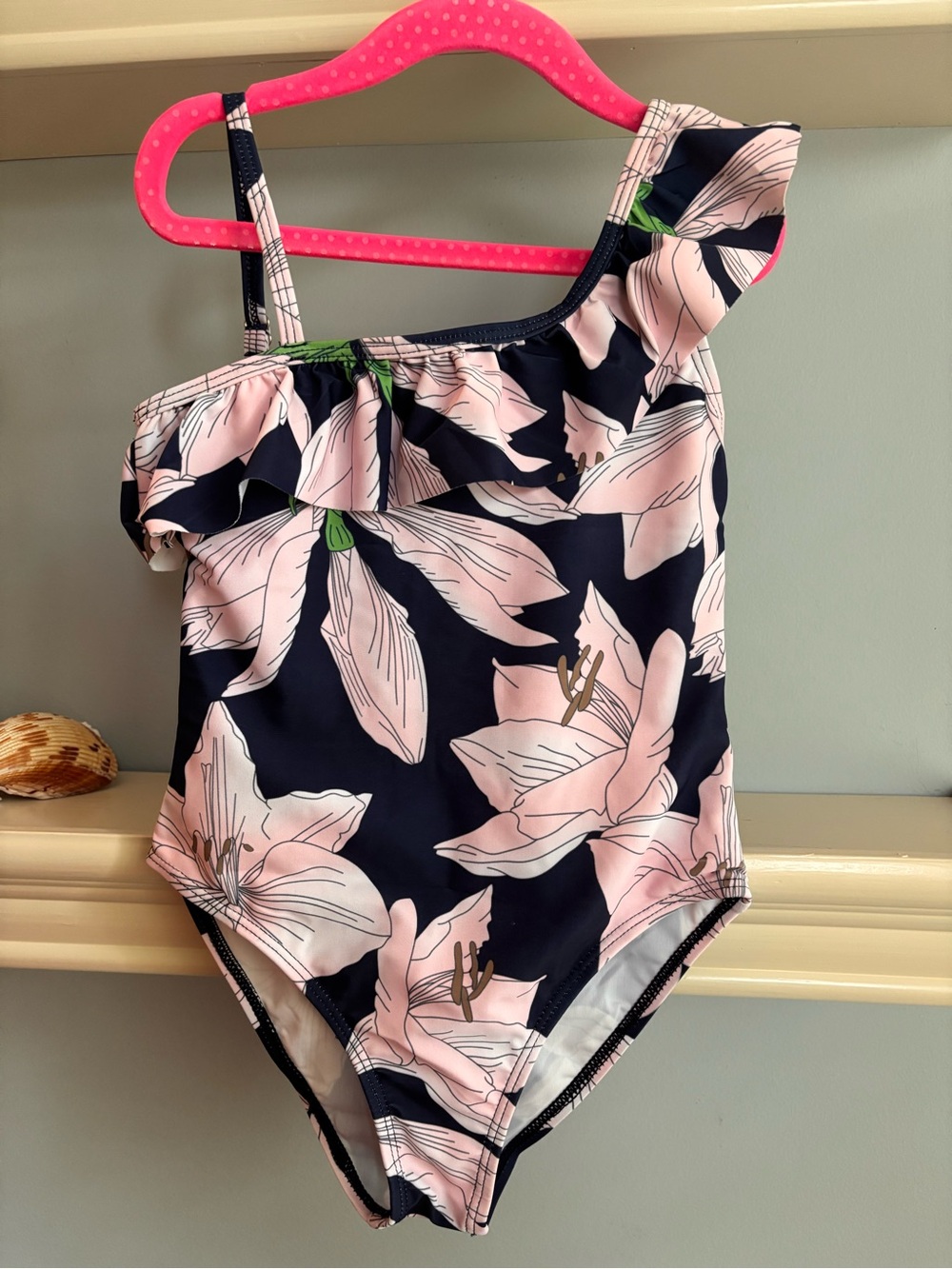 Girls One-Shoulder Floral Swim Suit - Navy & Light Pink